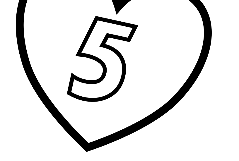 A coloring book image of a number 5 inside a heart
