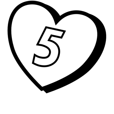 A coloring book image of a number 5 inside a heart