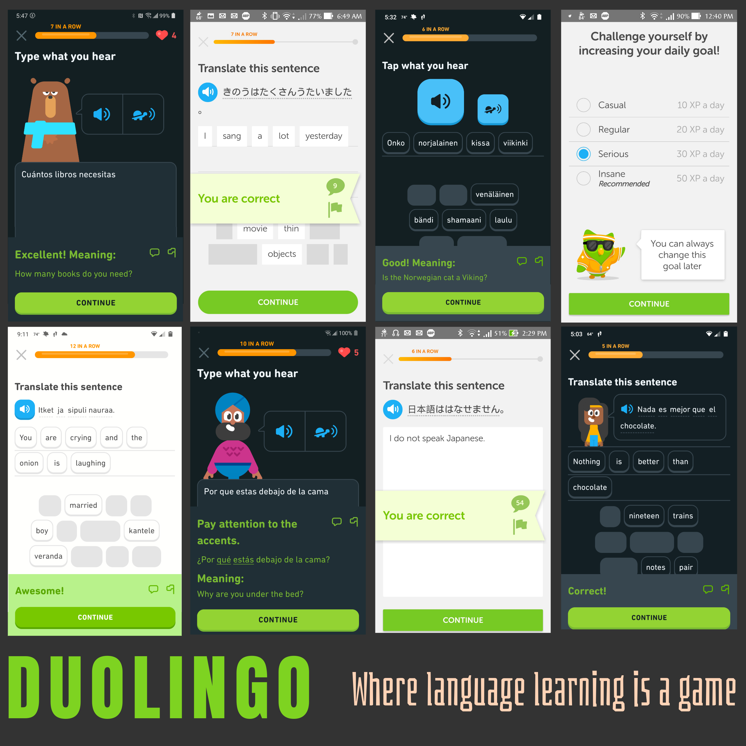 An infographic with the title "Duolingo: Where Language Learning is a Game". The infographic shows several screenshots of Duolingo teaching humorous phrases indifferent languages.