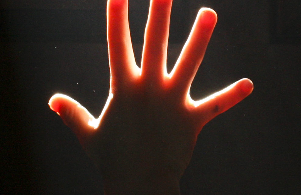 A hand is raised and is displaying five fingers.